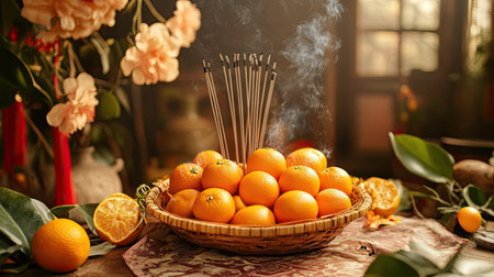 A traditional Chinese New Year altar with a rattan basket of oranges, incense sticks, and symbolic offeringsの素材