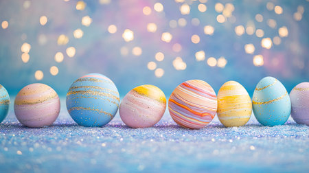 A whimsical scene of Easter eggs designed like planets in a galaxy-themed setup with glittering starsの素材