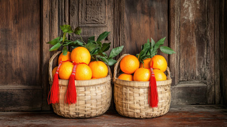 A pair of rattan baskets filled with oranges and decorated with red tassels, placed on a wooden floor for the celebrationの素材