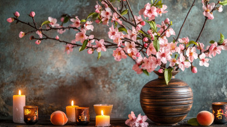 Blooming peach branches placed in a rustic wooden vase, surrounded by candles and Chinese symbols of luck and prosperityの素材