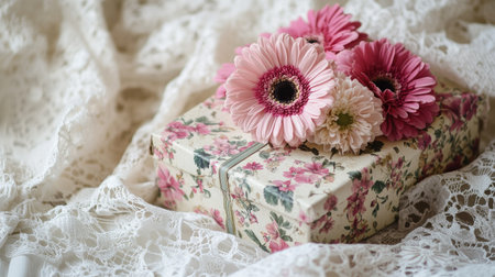 A vintage-style gift box wrapped in floral-patterned paper, adorned with fresh pink gerberas and carnations, displayed on a lace clothの素材