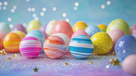 A whimsical scene of Easter eggs designed like planets in a galaxy-themed setup with glittering starsの素材