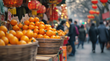 A vibrant outdoor market stall showcasing oranges in rattan baskets, ready for Chinese New Year celebrationsの素材