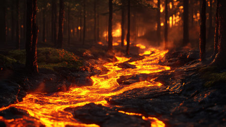 Glowing lava rivers flowing through a forest, creating a stark contrast against the dark night during a volcanic eruptionの素材