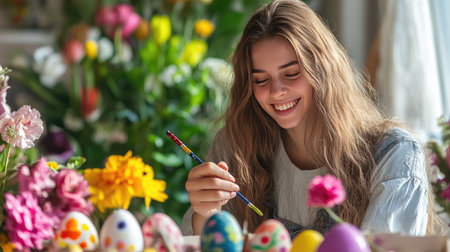A young woman enjoying a relaxing moment painting vibrant designs on Easter eggs, surrounded by fresh spring flowersの素材