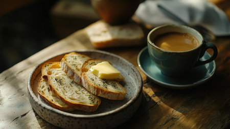 A rustic breakfast scene featuring slices of garlic and herb baguette, served with butter and a hot cup of coffeeの素材