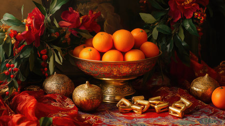 A table arrangement with a bowl of oranges, gold ingots, and Chinese knots, surrounded by red and gold decorationsの素材