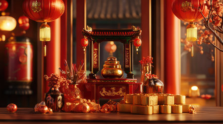 A vibrant setup of Chinese New Year decorations featuring red lanterns, gold ingots, and festive couplets against a traditional backdropの素材