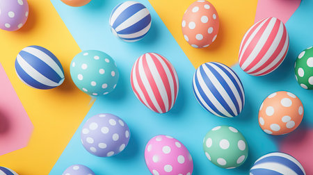 Easter eggs featuring playful polka dots and stripes, scattered on a vibrant background of mixed pastel huesの素材