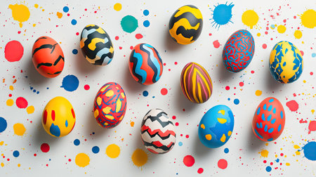 Brightly colored Easter eggs with geometric and abstract patterns arranged on a modern white background with splashes of colorの素材