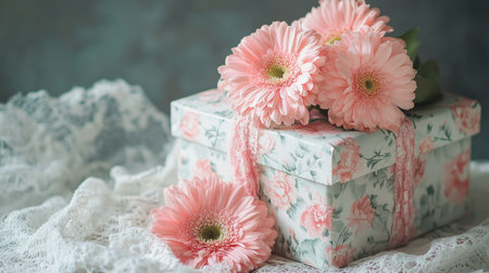 A vintage-style gift box wrapped in floral-patterned paper, adorned with fresh pink gerberas and carnations, displayed on a lace clothの素材