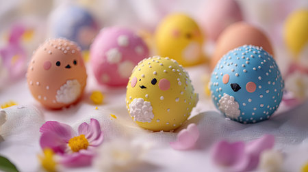 Colorful Easter eggs with cute animal designs, such as chicks and lambs, arranged on a white tablecloth with flower petalsの素材