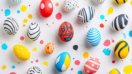 Brightly colored Easter eggs with geometric and abstract patterns arranged on a modern white background with splashes of colorの素材