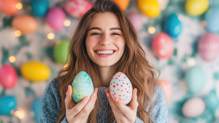 A woman with a joyful expression holding up two colorful Easter eggs she just finished painting, with a festive backgroundの素材