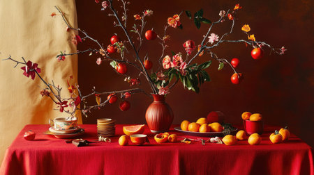 A red tablecloth decorated with peach branches in a vase, paired with festive elements like firecrackers and paper cuttingsの素材