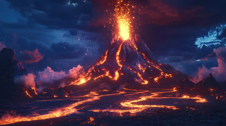 A volcanic eruption at night with lava fountains shooting high into the air and glowing rivers spreading across the groundの素材