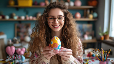 A young woman smiling as she holds up a brightly painted Easter egg, with a festive setup of paints and brushes on the tableの素材