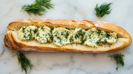 A sliced baguette spread with garlic butter and topped with rosemary and dill, displayed on a marble countertopの素材