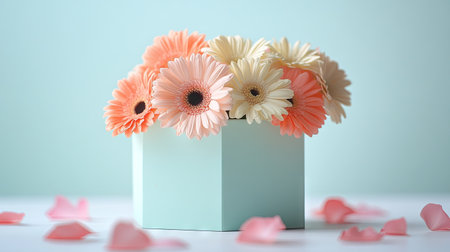 A pastel-colored gift box topped with vibrant gerbera and delicate carnations, set against a neutral background with scattered petalsの素材
