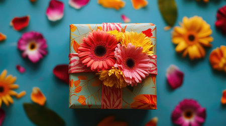 A vibrant gift box wrapped in bright paper with fresh gerberas and carnations arranged on top, surrounded by scattered petalsの素材