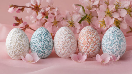 Easter eggs painted in pastel shades with dainty lace patterns, displayed on a soft pink background with spring blossomsの素材