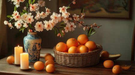A serene and traditional scene with a rattan basket of oranges, candles, and a vase of peach blossoms for Chinese New Yearの素材