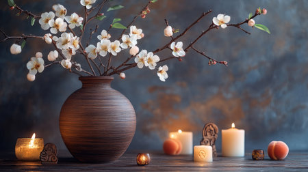 Blooming peach branches placed in a rustic wooden vase, surrounded by candles and Chinese symbols of luck and prosperityの素材