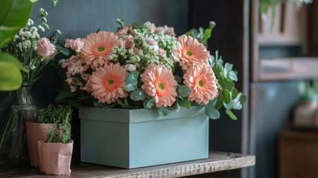 A square gift box in soft pastel hues, decorated with a fresh floral arrangement of gerberas and carnations, resting on a wooden shelfの素材