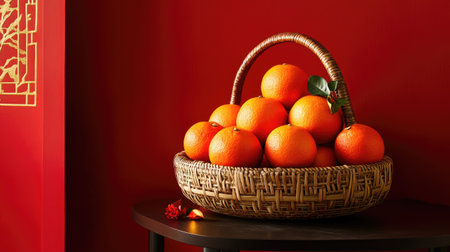 A stylish modern take on Chinese New Year decor, featuring a rattan basket of oranges with contemporary red and gold accentsの素材