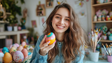 A young woman smiling as she holds up a brightly painted Easter egg, with a festive setup of paints and brushes on the tableの素材