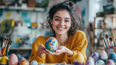 A young woman smiling as she holds up a brightly painted Easter egg, with a festive setup of paints and brushes on the tableの素材