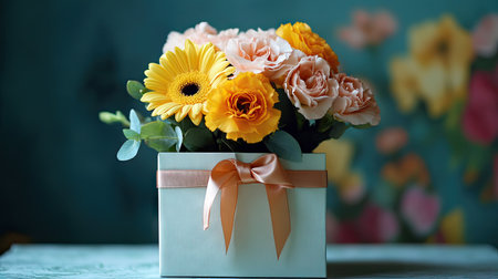 A small elegant gift box tied with a velvet ribbon, topped with a cluster of fresh yellow gerberas and peach carnationsの素材
