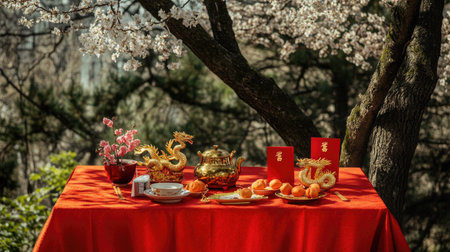 A traditional Chinese New Year display with peach blossoms, red envelopes, and golden dragon figurines on a bright red tableclothの素材