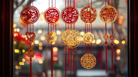 A window display decorated with hanging red paper cuttings and golden symbols for Chinese New Year celebrationsの素材