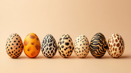 Easter eggs painted with adorable animal prints like leopard and zebra patterns, set against a neutral beige backgroundの素材
