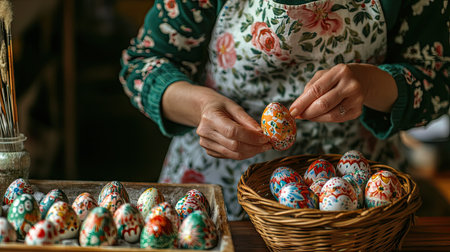 A woman wearing a floral apron, adding finishing touches to a hand-painted Easter egg, with a basket of completed eggs beside herの素材