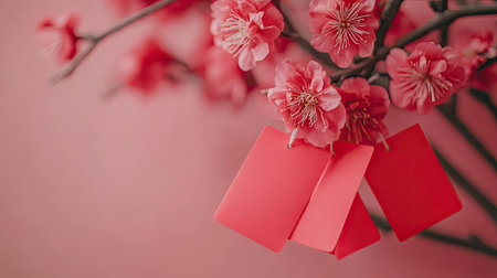 Close-up of blooming peach branches with pink flowers and hanging red envelopes, symbolizing good fortune for the new yearの素材