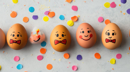 Easter eggs with cute faces and bow ties painted on them, neatly arranged on a light gray background with colorful confettiの素材