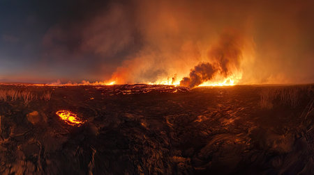 A wide-angle view of a volcanic eruption at night, showcasing bright lava flows under a smoky, ash-filled skyの素材