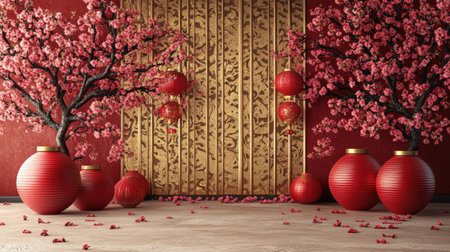 A traditional Chinese New Year scene with peach blossoms, red lanterns, and a backdrop of festive golden patternsの素材
