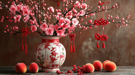 Blooming peach branches elegantly arranged in a ceramic vase, with red decorations and Chinese knots hanging aroundの素材