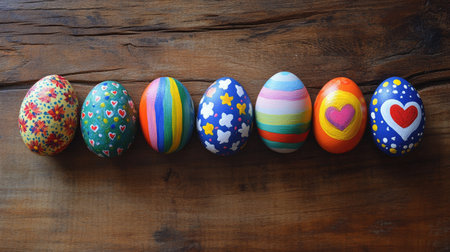 Hand-painted Easter eggs featuring cheerful patterns like hearts, stars, and rainbows displayed on a wooden backdropの素材