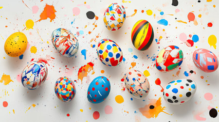 Brightly colored Easter eggs with geometric and abstract patterns arranged on a modern white background with splashes of colorの素材