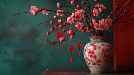 Blooming peach branches elegantly arranged in a ceramic vase, with red decorations and Chinese knots hanging aroundの素材