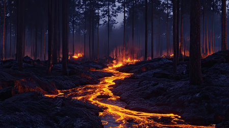 Glowing lava rivers flowing through a forest, creating a stark contrast against the dark night during a volcanic eruptionの素材