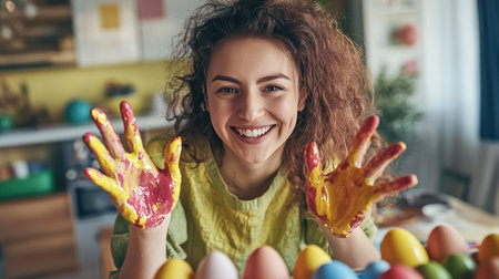 A woman with a playful smile showing off her hands covered in paint while working on Easter eggs at a lively family gatheringの素材