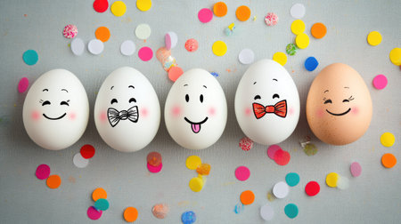 Easter eggs with cute faces and bow ties painted on them, neatly arranged on a light gray background with colorful confettiの素材