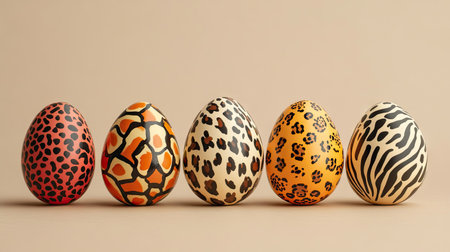 Easter eggs painted with adorable animal prints like leopard and zebra patterns, set against a neutral beige backgroundの素材