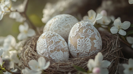Easter eggs decorated with lace patterns placed in a decorative nest surrounded by blooming spring flowersの素材