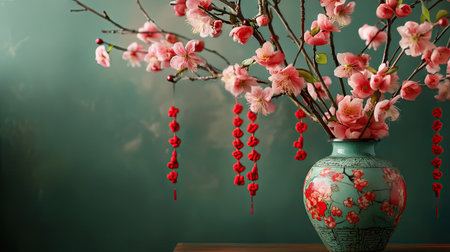Blooming peach branches elegantly arranged in a ceramic vase, with red decorations and Chinese knots hanging aroundの素材